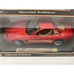 Three Maisto Special Edition 1:18 scale die-cast models - Porsche 550A Spyder, Jaguar 'S' Type and Ferrari 550 Maranello; all boxed; five other unboxed Maisto/Bburago 1:18 scale models; and two Classic Collection lead crystal models of Classic Cars (10)