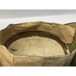 Post-1902 Welsh Regiment Officer's Home Service Blue Cloth Helmet with gilt metal King's crown helmet plate to the front, a removable spike to the top on a shaped cruciform base with rosette fittings, rosette side bosses, brass trim to the front peak, and leather and velvet backed chin scales, with sweat band, the interior with the remains of a makers label at the address 1,3 & 5 Lexington Street, Golden ? London W (presumably Hobson & Sons)