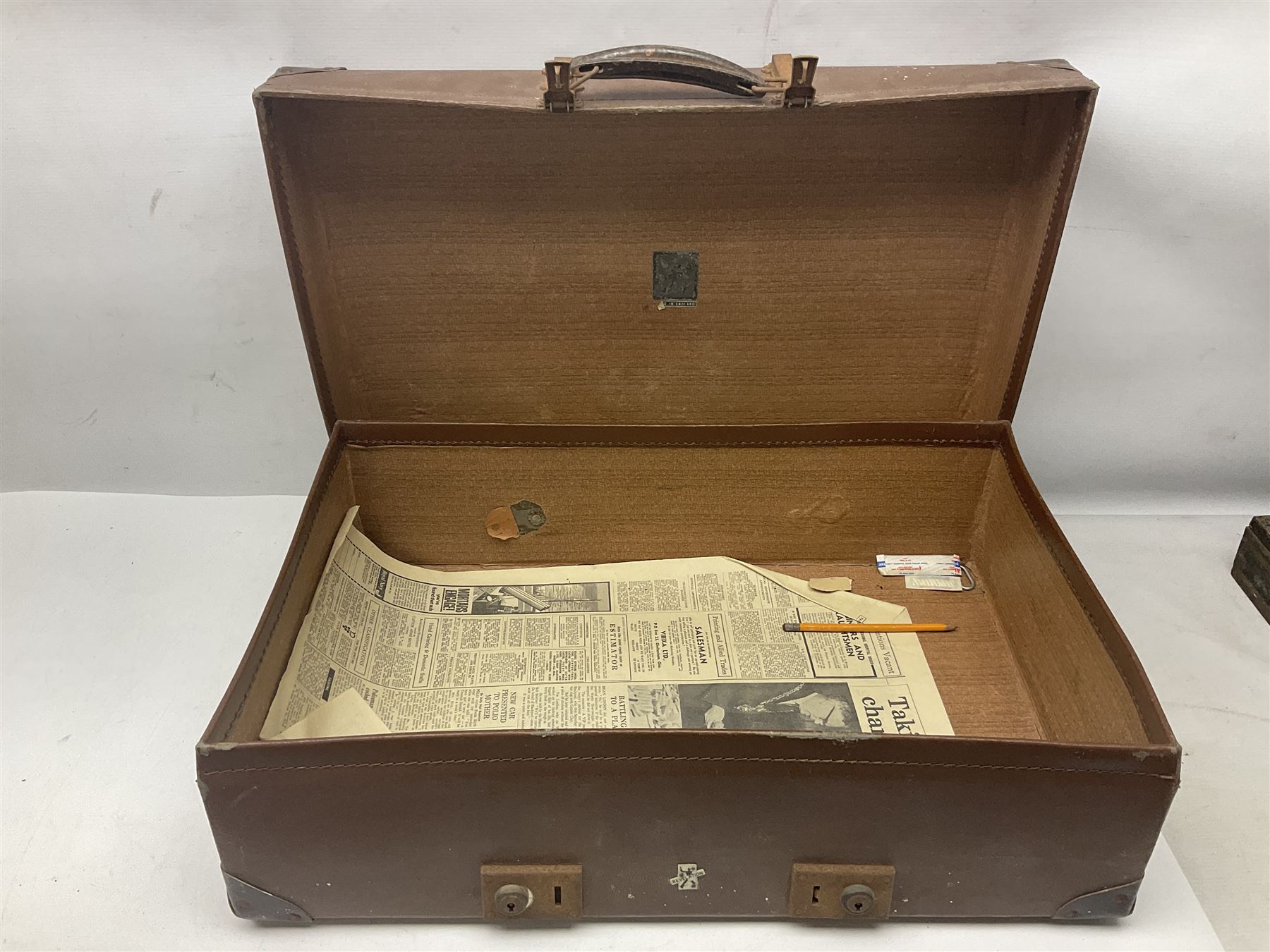 Three shooting sticks, together with four vintage leather brown suitcases of various sizes, largest suitcase H40cm L65cm 