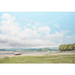 Sid Tasker (British 20th century): 'The Viaduct from New Barnes Bay', oil on board signed ...