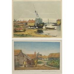 Claude Hamilton Rowbotham (British 1864-1949): 'Low Tide Whitby Harbour' and 'At Cockington South Devon', two coloured etchings with aquatint signed in pencil, titled in the plate 11cm x 15cm and 6cm x 10cm (2) (one unframed)