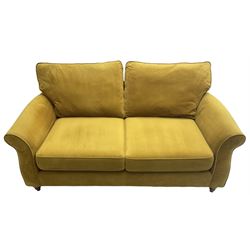 Next Furniture - traditional shaped three-seat sofa, upholstered in mustard velvet, rolled arms with pipping, on turned front feet