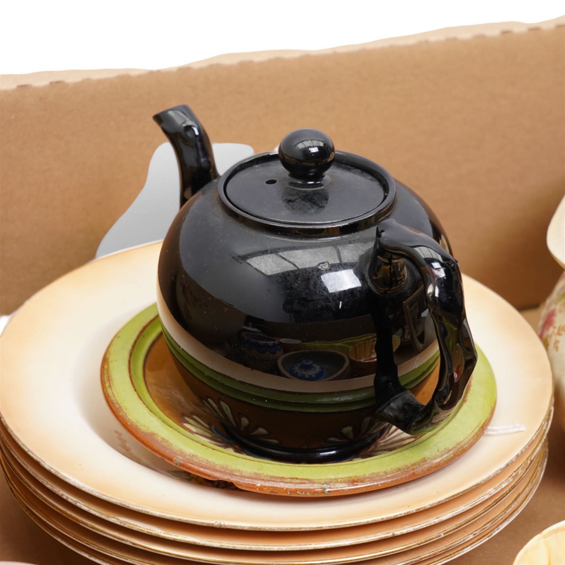 Fieldings Crown Devon items including fruit bowl, five dessert bowls and teapot, Poole pottery preserve jar, Sylvac posy holder, Frosted art glass tulip vase, similar lily vase, two Belleek saucers, assorted cups and saucers etc contents in two boxes