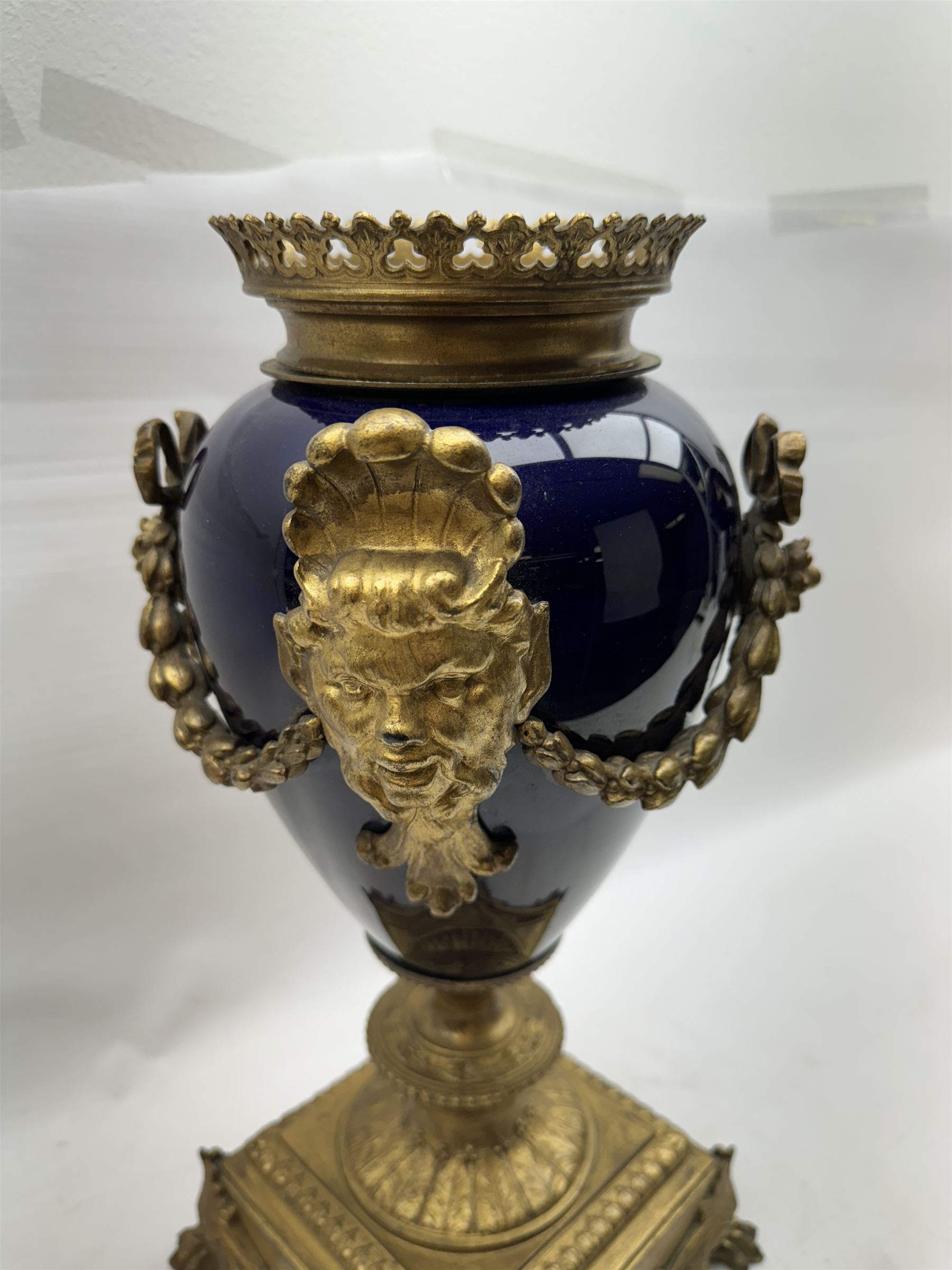 19th century gilt brass mounted lamp base, raised upon lions claw feet, H43cm