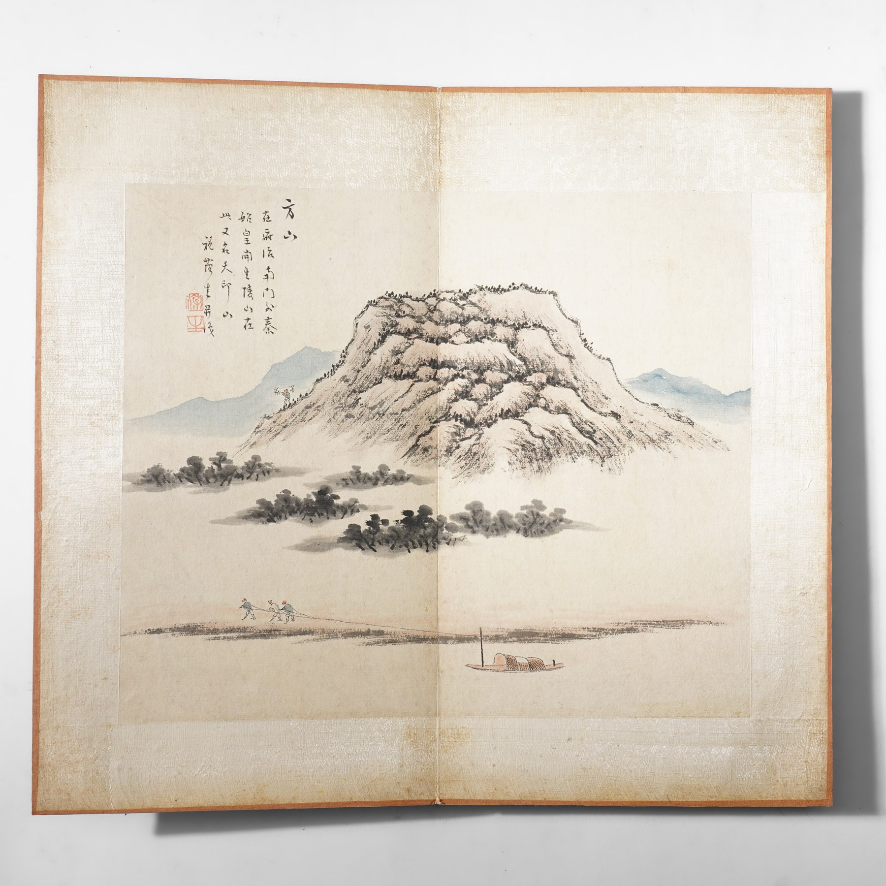 Chinese fold out book, comprising 12 hand-coloured woodblock landscapes each bearing inscription and artists seal  