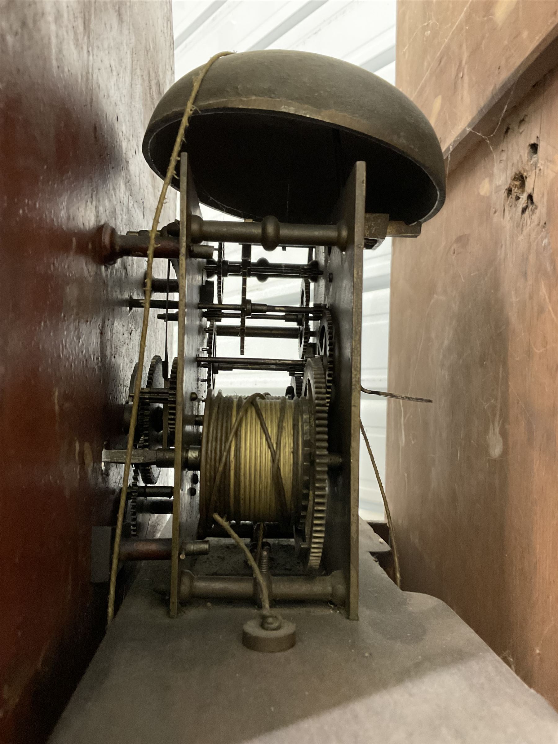 John Cameron & Son of Kilmarnock - late 19th century mahogany longcase clock c1870, with a flat topped pediment and blind frieze beneath, rectangular break arch hood door and sound frets to the hood sides, trunk with canted corners and a convex door with cushion mouldings, on a square plinth raised on turned bun feet, painted dial with a depiction of the abdication of Mary Queen of Scots to the arch and the four regions of the united Kingdom to the spandrels, with Roman numerals, minute track, date and seconds dials and stamped brass hands, dial pinned to a rack striking movement, striking the hours on a bell. With weights and pendulum. 