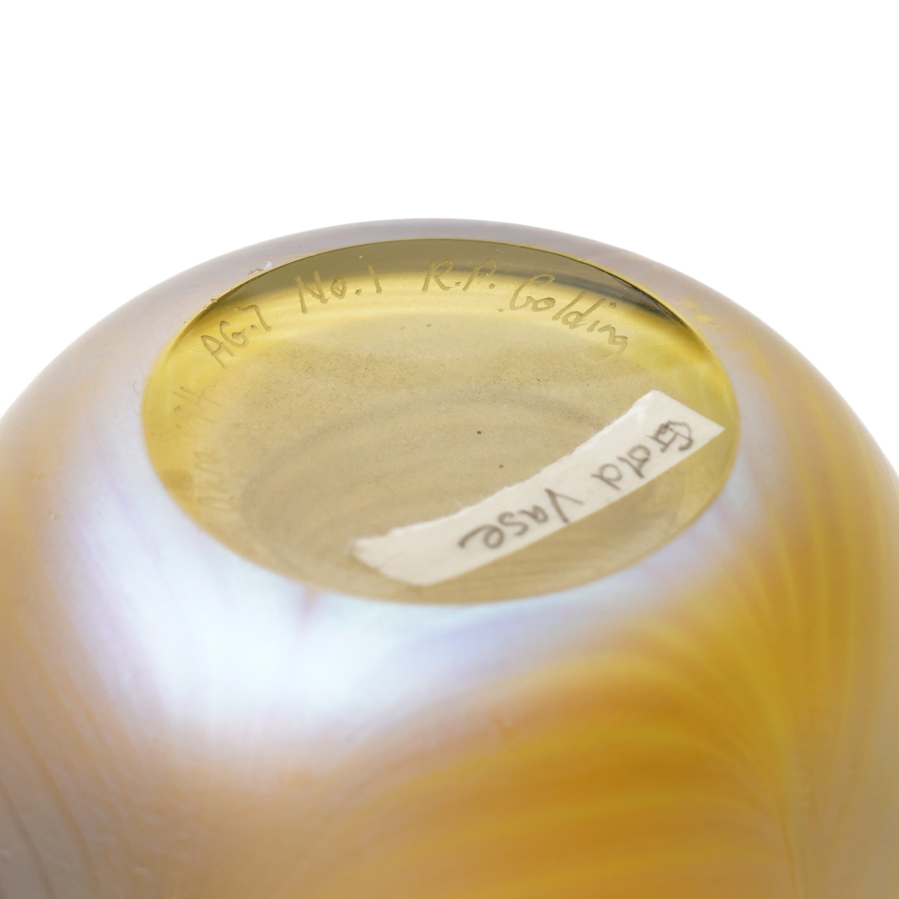 Okra art glass vase, by Richard P Golding, iridescent gold with stylised wave design, inscribed on base 'Okra 94 AG.7 No.1 R.P. Golding' H12.5cm