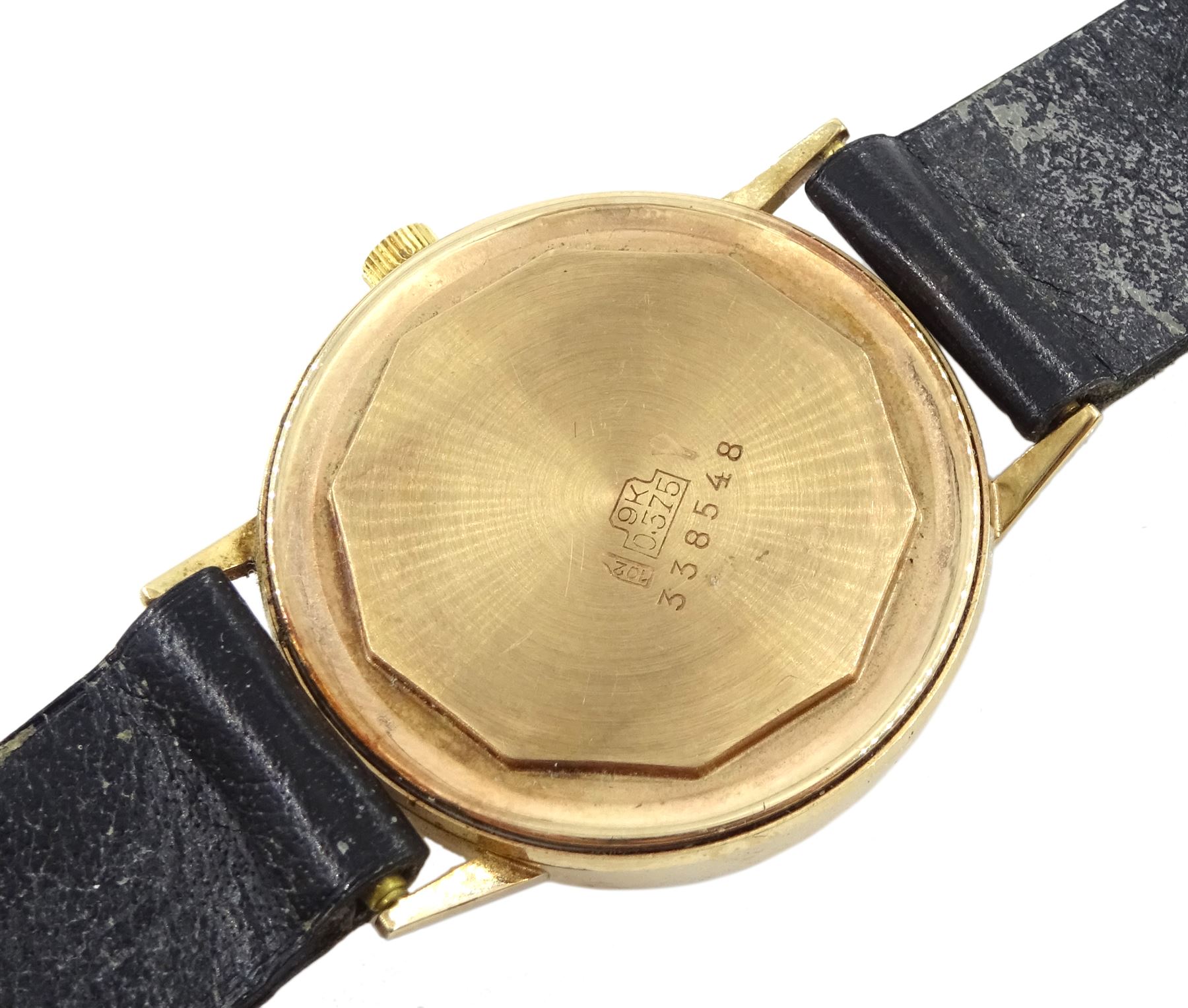 Le Cheminant Incabloc 9ct gold gentleman's manual wind wristwatch, silvered dial with subsidiary seconds dial, stamped 9.375, on original black leather strap