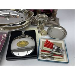 Silver plated Calibri lighter, in the form of a twin handled vase with mask handles, together with a pair of silver plated candle sticks, horn handled carving set with hallmarked silver ferrules and other silver plated items