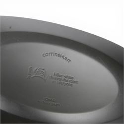 Sea to Sky recycled black glass platter by Corrine Hunt, together with  blue striped platter by Jane Charles and long blue banded bowl