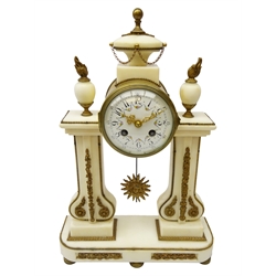  Louis XVI Revival gilt-metal mounted white marble mantel clock, drumhead case with painted Arabic dial, twin train movement stamped L.Marti 19552, striking the half hours on a bell, shaped supports with urn finials, with starburst pendulum and key, H40cm, W27cm  