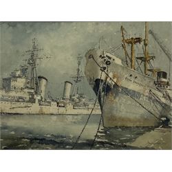 Allanson Hick (British 1898-1975): 'The Scylla' (Dido Class) cruiser in Hull Docks in the company of the Ellerman Lines 'City of Swansea', watercolour signed, titled verso 46cm x 60cm
Provenance: from the collection of the artist Terence Storey (1923-2018)