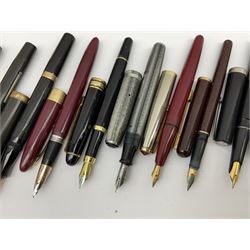 Six fountain pens with gold nibs to include Sheaffer, Macniven & Cameron Ltd and Conway examples, together with four other fountain pens including a boxed Parker pen and a boxed Sheaffer pen in black case with chevron pattern detail