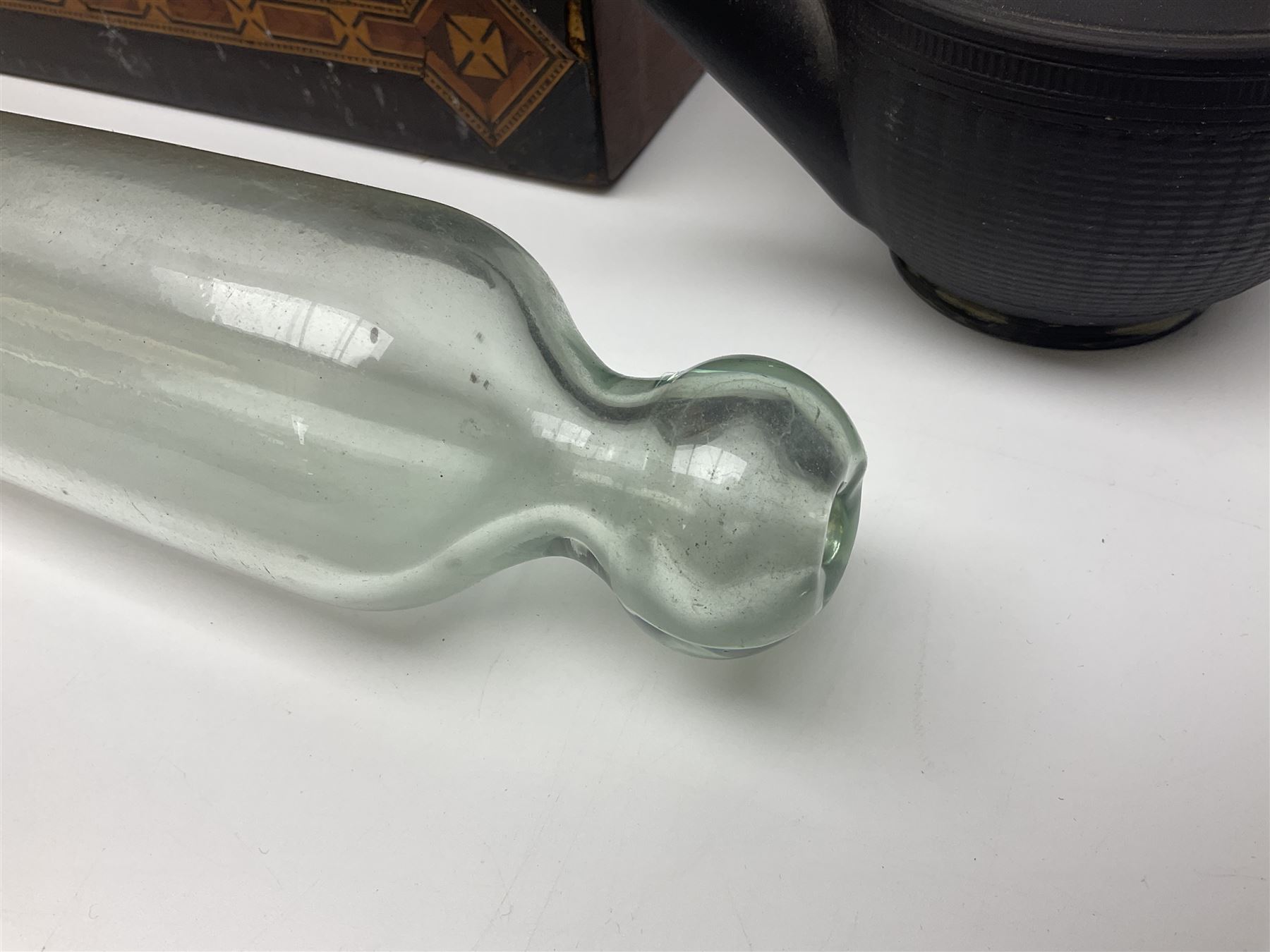 Victorian glass rolling pin, black basalt teapot, mother of pearl box with foliate engraving and sliding lid, and a wooden writing slope, with purple velvet interior, writing slope H14cm