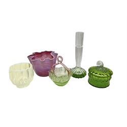 Quantity of art glass to include Vaseline glass vase, Murano style handkerchief bowl, dish of basket form, lidded green jar of stylised pumpkin form, etc