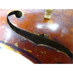  Two-piece back violin with Stradivarius paper label, LOB 33.5cm in hard case   