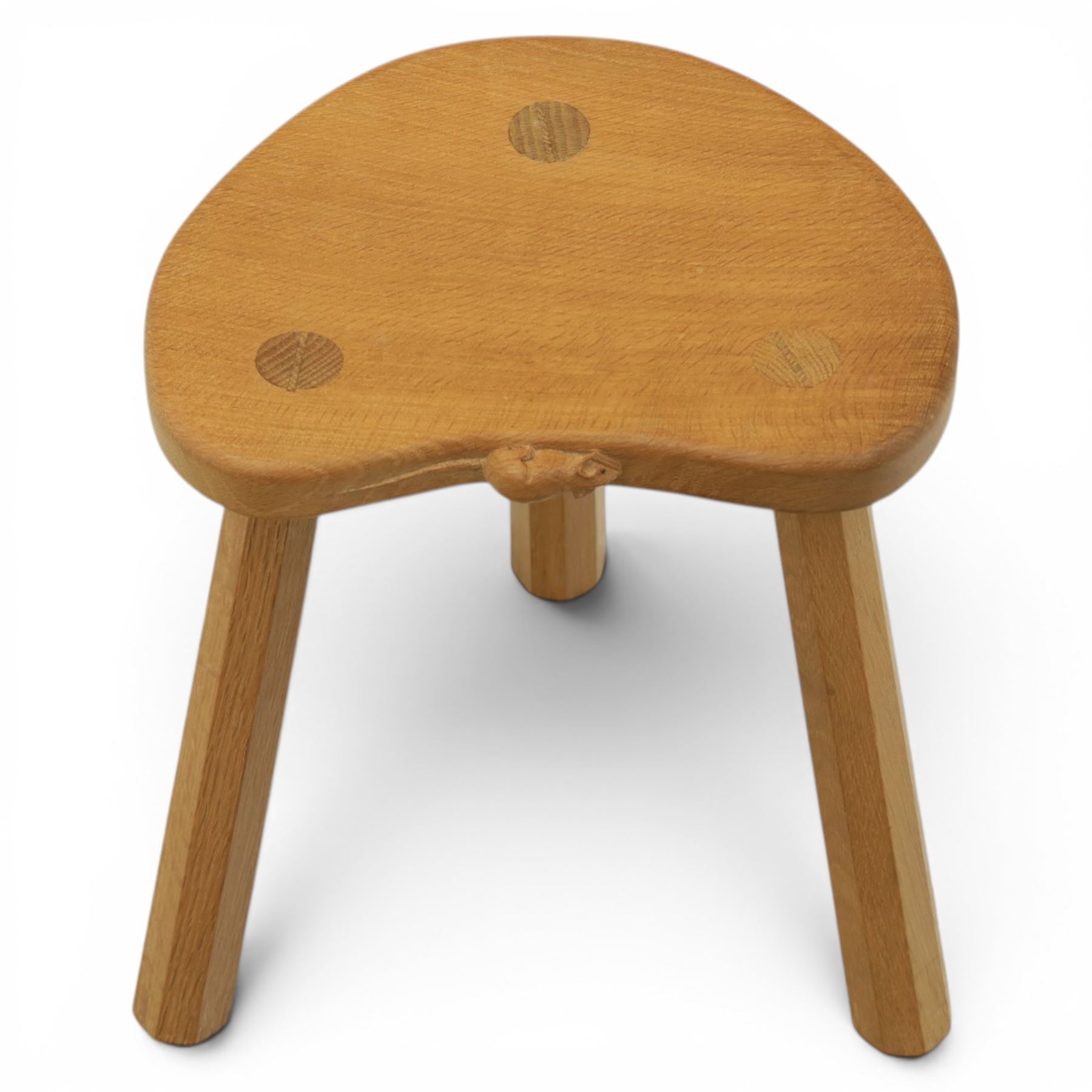 Mouseman - oak three legged calf stool, with carved mouse signature, by the workshop of Robert Thompson of Kilburn