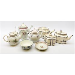 Two19th century relief moulded Castleford teapots, and lidded sucrier, largest teapot H14.5cm, together with three 18th century New Hall type teapots, an early 18th century saucer, and an 18th century blue and white bowl.