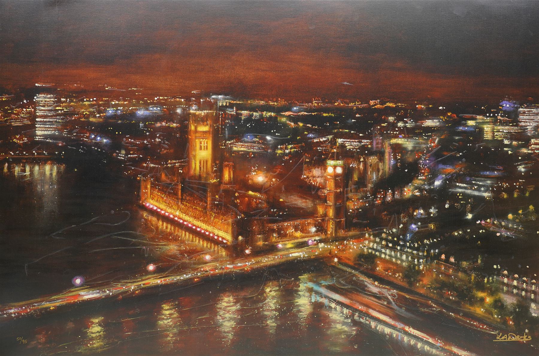 Lesley Anne-Derks (British 1977-): 'Symphony of Lights', limited edition embellished colour print on canvas signed and numbered 50/95, with certificate of authenticity 67cm x 102cm