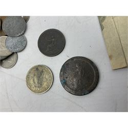 Collection of bank notes and coins, to include Irish 1928 floren, King George V 1931 shilling, cartwheel penny, Coins, stamps and miscellaneous collectibles, including Royal Life Saving Society medal, brooches, commemorative crowns etc