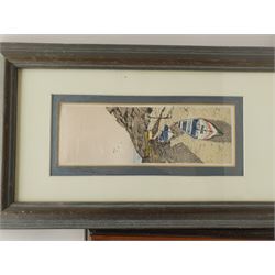 PW Jones (British Contemporary): Boats Moored Up, pair watercolours and ink signed verso 22cm x 7cm; Continental School (20th century): Boats at Low Tide, oil on board indistinctly signed 18cm x 23cm (3)