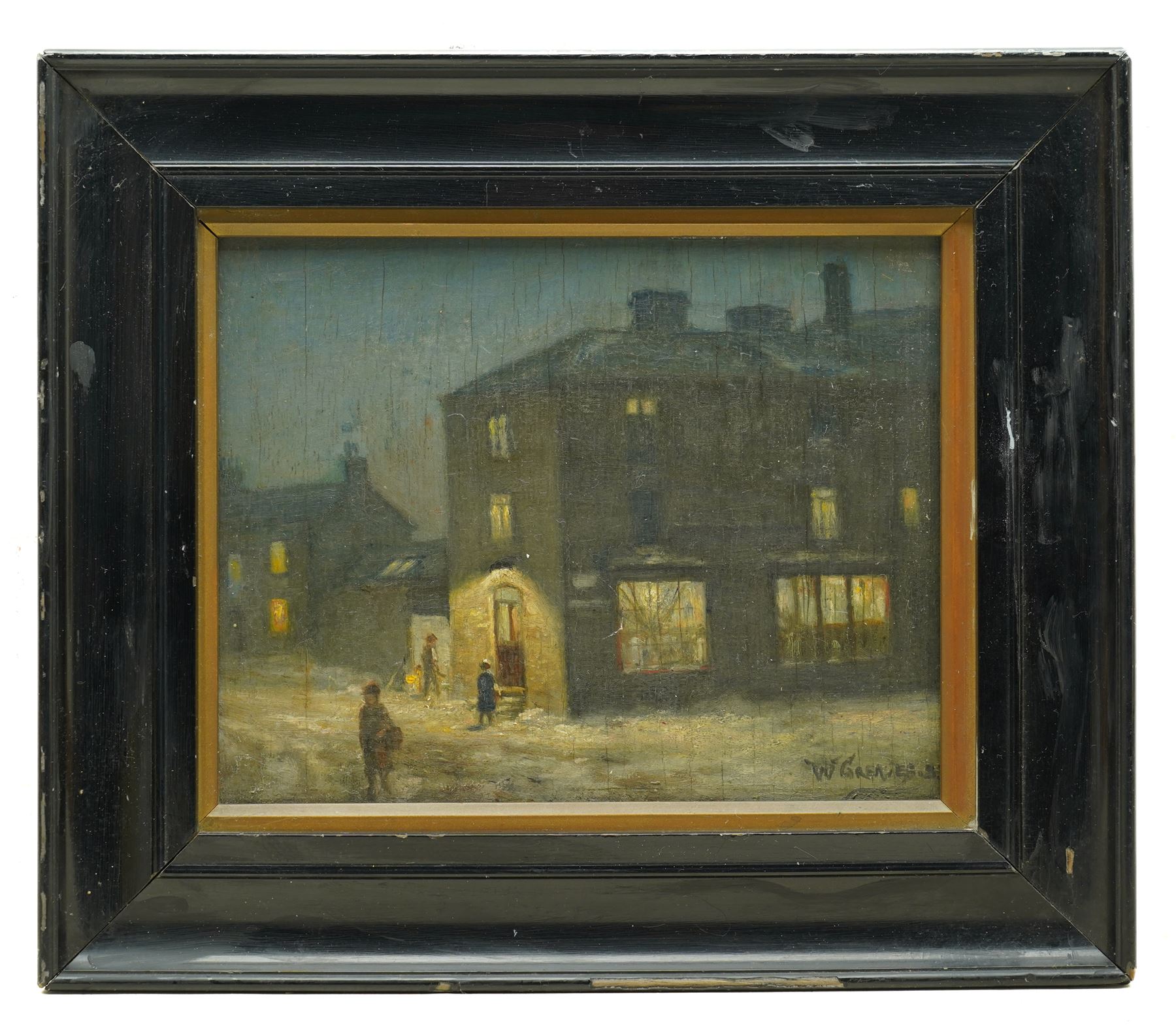 William Greaves (British 1852-1938): Moonlit Town Street in Winter, oil on panel signed 18cm x 23cm