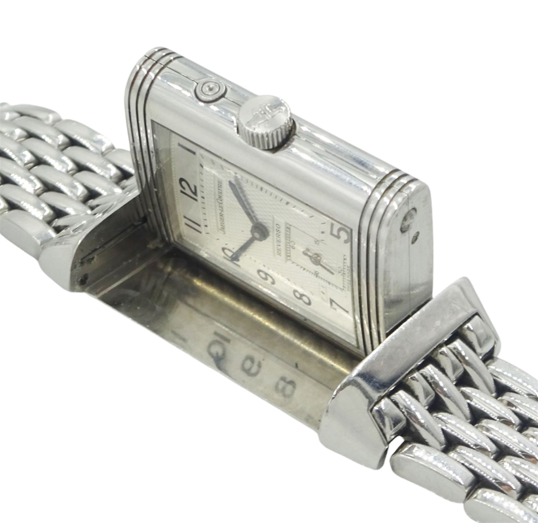 Jaeger-LeCoultre Reverso Duoface Night & Day gentleman's stainless steel manual wind wristwatch, Ref. 270.8.54, silvered dial with Arabic numerals with subsidiary seconds dial, reversing to a second black engine turned dial, Arabic and dagger numerals, subsidiary day/night dial, on Jaeger-LeCoultre stainless steel bracelet, boxed with service papers dated 2019 and 2020 and additional links