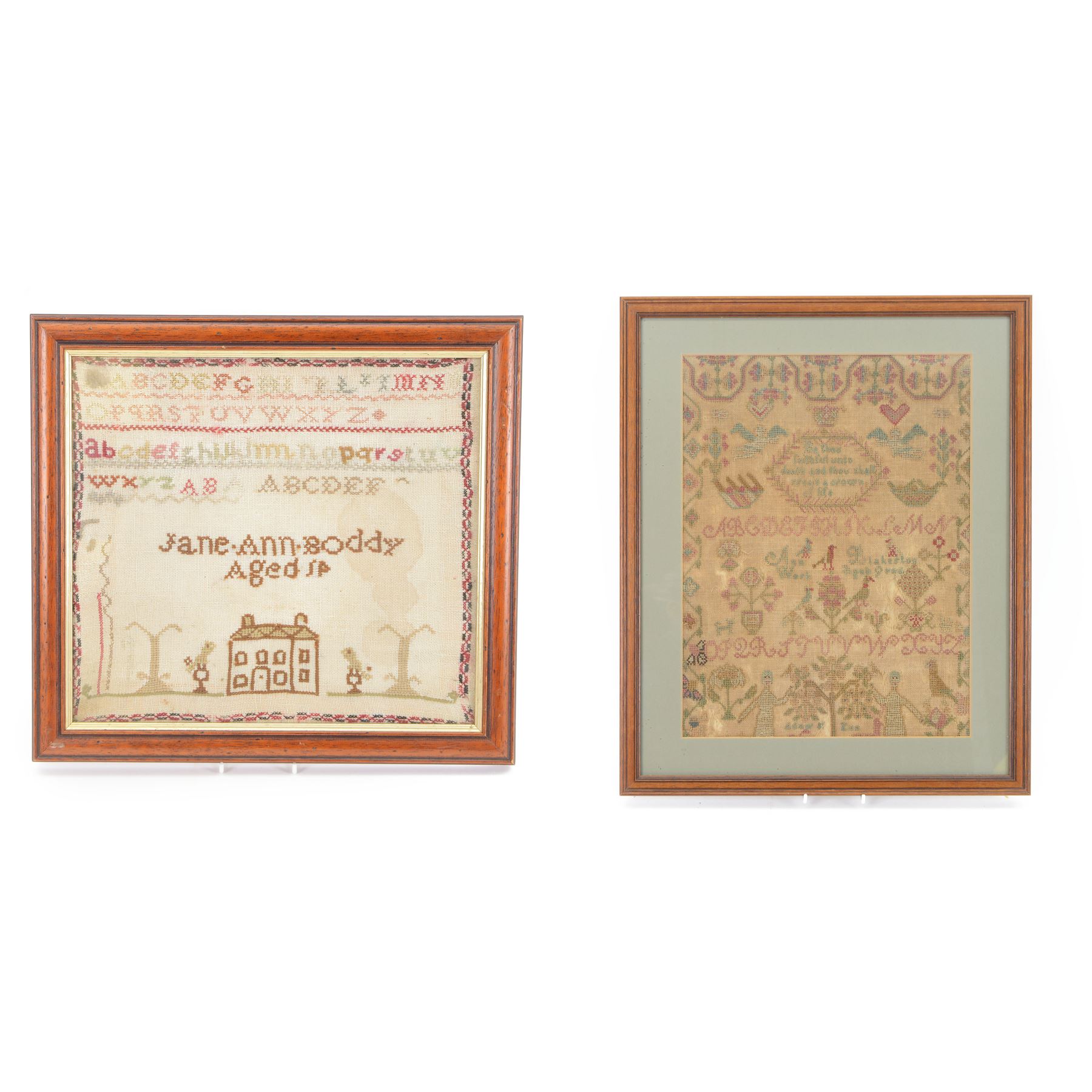 19th century sampler, floral boarder with alphabet and verse by Ann Blakeston, with one other both framed, largest H50cm  