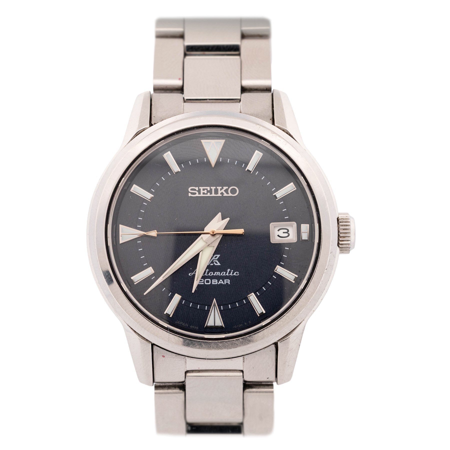 Seiko Prospex Alpinist gentleman's stainless steel automatic wristwatch, Ref. 6R35-01M0, blue dial with luminous baton and dagger hour markers and date aperture, on stainless steel bracelet, with fold-over clasp, boxed