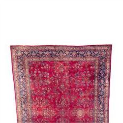 Large Persian-style mahal-type hand-knotted carpet, of rectangular form with a deep crimso...