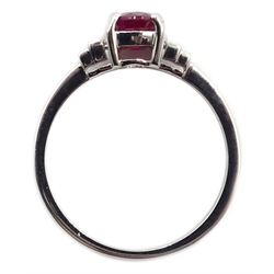  18ct white gold oval ruby and baguette diamond ring hallmarked, ruby approx 1 carat  