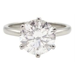 Platinum single stone round brilliant cut diamond ring, hallmarked, diamond approx 2.95 carat