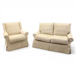 Wesley Barrel - two seater sofa and matching armchair,with scrolled arms and loose cushion...