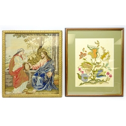  Victorian woolwork study, biblical scene of two figures conversing, in gilt frame and a framed embroidered panel, study of flowers (2)  