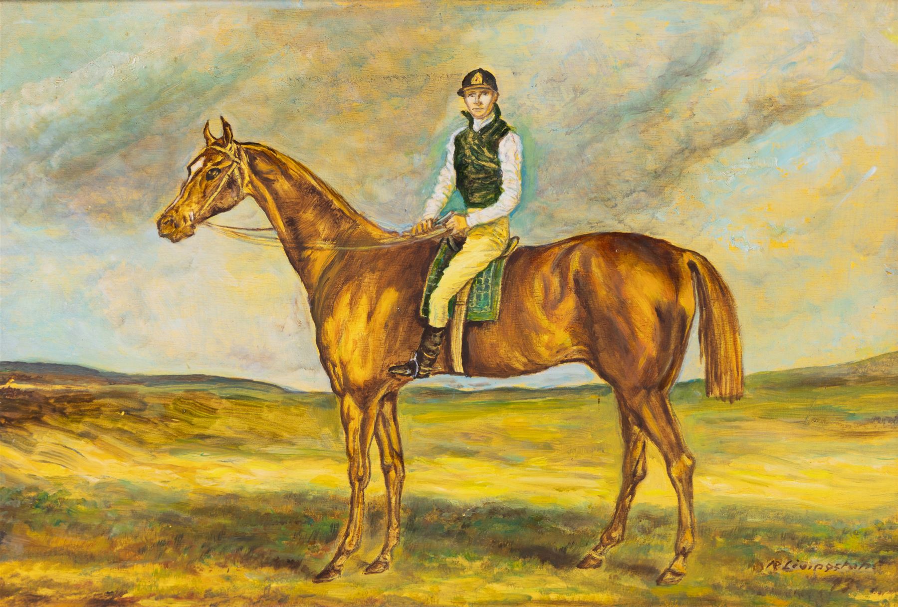 R Livingstone (English School 20th Century): Jockey on Horseback - potentially Lester Piggott, oil on wood panel signed; S Sparke (British 20th century): Roseberry Topping, pair of watercolours signed, one dated '84, and D W S (English School 20th Century): Boats Washed Up on the Beach, pair of watercolours signed with initials and dated '27, max 20cm x 45cm (5)