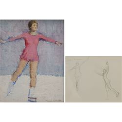 Frances Watt (Scottish 1923-2009): 'Movement', oil on board signed and dated 1984, titled on artist's address label verso 24cm x 18cm; 'Karena Richardson', pencil sketch titled 14cm x 17cm (2)
Notes: the subject is the World Champion ice skater Karena Richardson, Frances Watt visited Queens Ice Rink, London on several occasions in 1983-1984 and the painting was worked up from sketches she made there. Provenance: Sarah Colegrave Fine Art & Sulis Fine Art