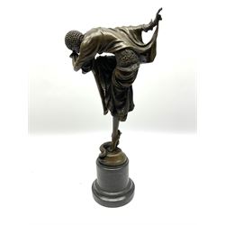 Art Deco style bronze figure modelled as a dancer with a three headed snake at her feet, H43cm overall