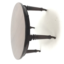 Spillman & Co. London - large Victorian mahogany extending dining table with three additional leaves, on turned and reeded supports with ceramic castors, ivorine label to underneath 'Spillman & Co. St. Martins Lane, London', diameter - 137cm (closed), L302cm (with all leaves)