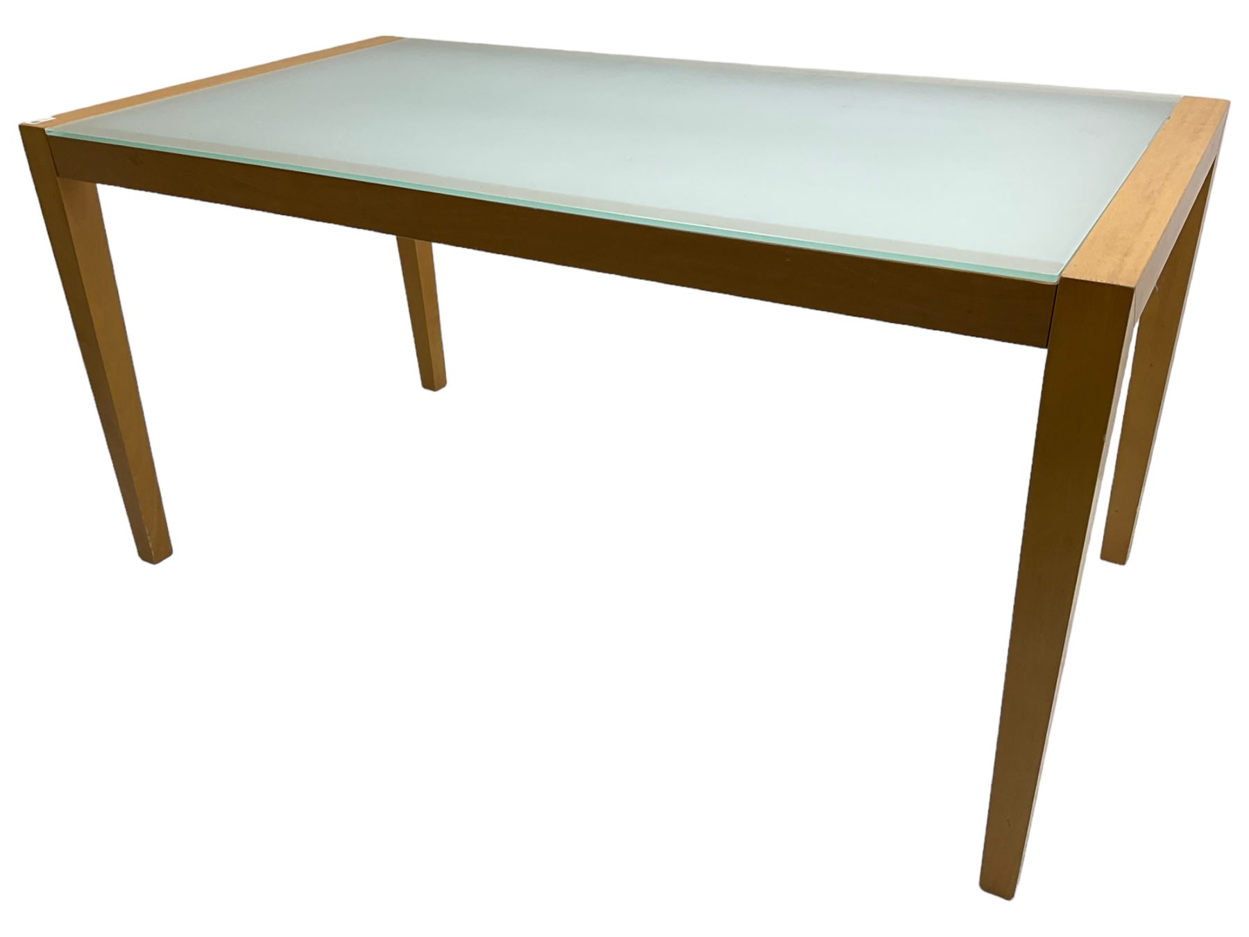 Contemporary beech framed dining table, rectangular frosted glass top on beech frame, square tapering supports