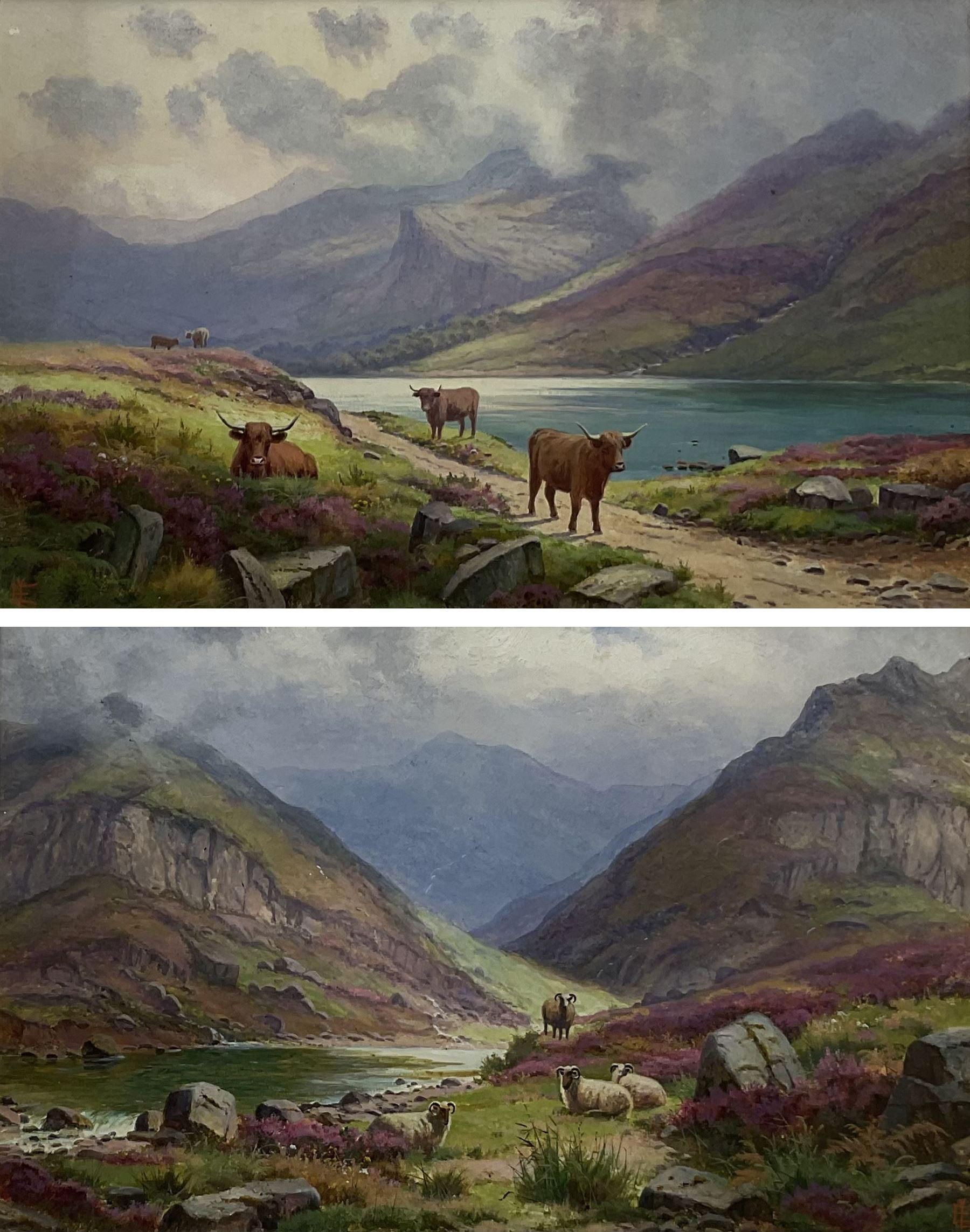 Edgar Longstaffe (British 1852-1933): Highland Cattle and Sheep in Mountain Landscapes, pair watercolours and gouache signed with monograms 23.5cm x 37cm (2)