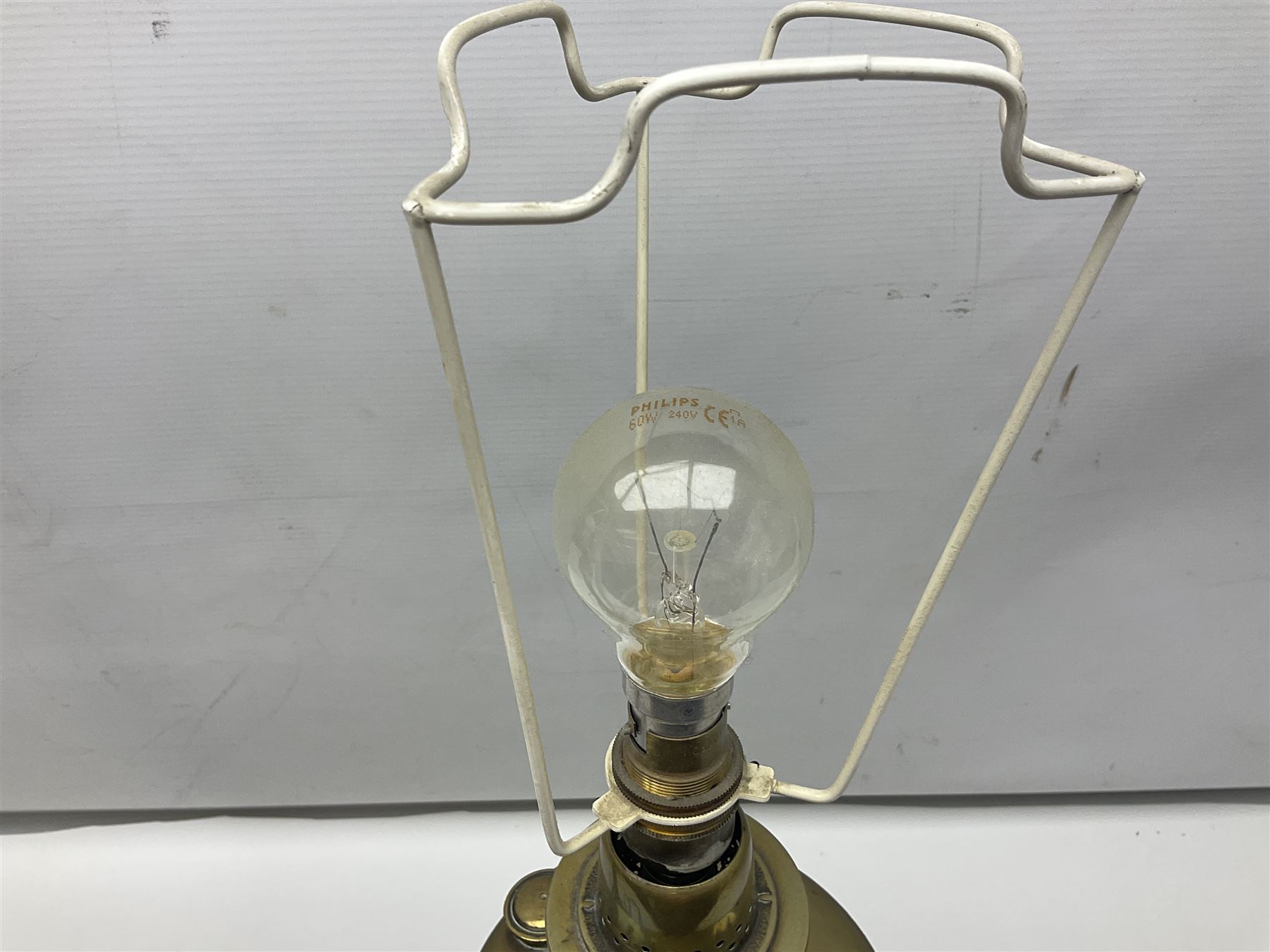 Brass table lamp in the form of a Corinthian column, together with a converted oil lamp, tallest without lightbulb H50cm