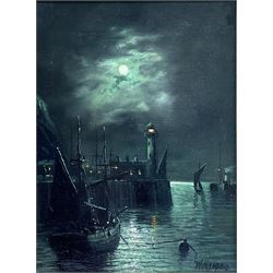 Walter Linsley Meegan (British c1860-1944): Scarborough Harbour Lighthouse by Moonlight, oil on canvas signed 29cm x 22cm