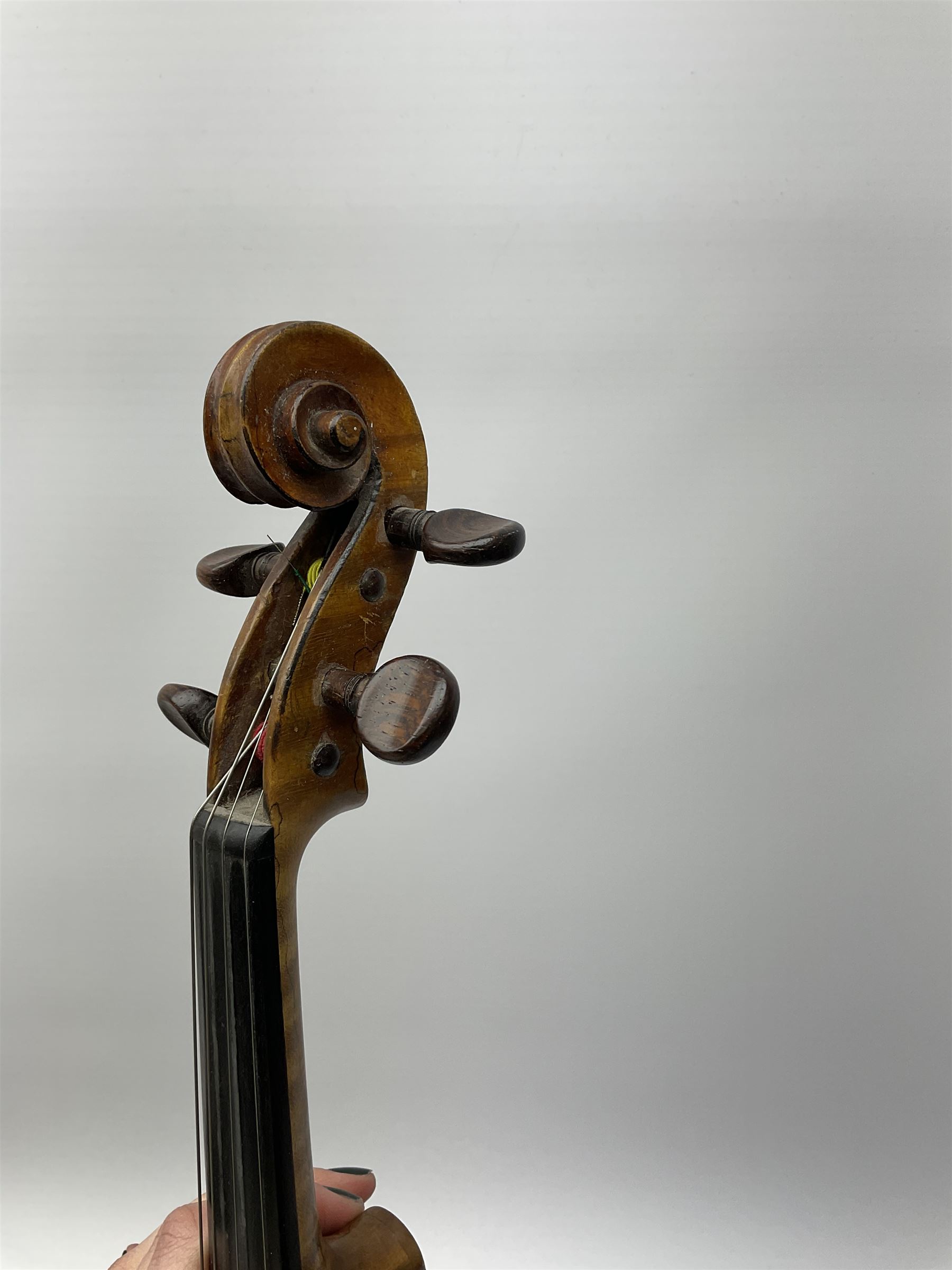 French Mirecourt violin c1920s with 36cm one-piece maple back and ribs and spruce top, labelled Jermone Thibouville-Lamy, L59cm, in fitted carrying case with German bow and 1984 valuation certificate by Frome Valley Music