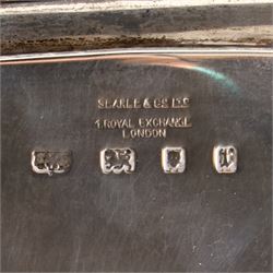 Square silver salver with canted corners and raised border on claw and ball feet 25cm London 1934 Maker Searle & Co Ltd
