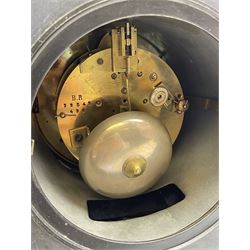 Victorian black slate cased mantel clock, with rouge marble, engraved and gilt decoration, circular dial with Roman chapter ring, twin train eight day movement with brocot escapement, striking the hours and halves on bell, the movement back plate stamped 'B.R 39549 498'