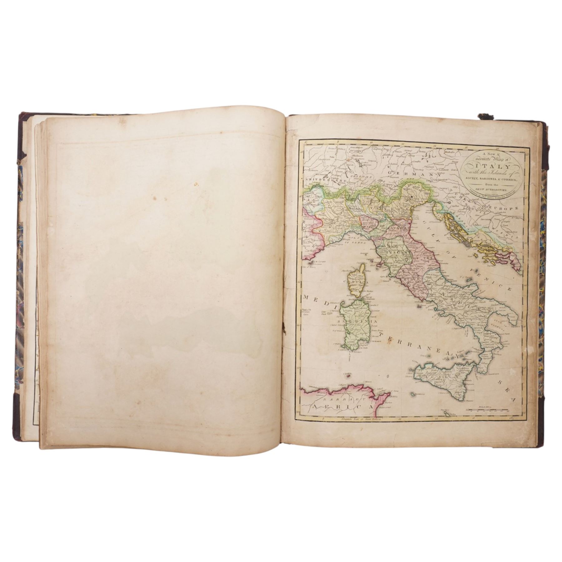 Brown (Thomas) - 'A General Atlas being a Collection of Maps of the World & Quarters, the Various Empires, Kingdoms & States in the Known World' published Edinburgh 1814 with thirty five hand coloured engraved maps as listed, lacks map of England & Wales, with two additional maps bound in comprising 'Map of Jamaica' by John Arrowsmith 1839 and 'Map of British Guiana' by J Hadfield 1838, in contemporary boards
