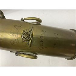 Trench Art - WWI 0-8-0 steam locomotive made from brass, copper and late Victorian pennies and half-pennies L17.5cm; WWI brass and copper tank candleholder; WWI brass shell case two-handled vase inscribed 'RFA France 1914-17'; and an unrelated brass plant holder (4)