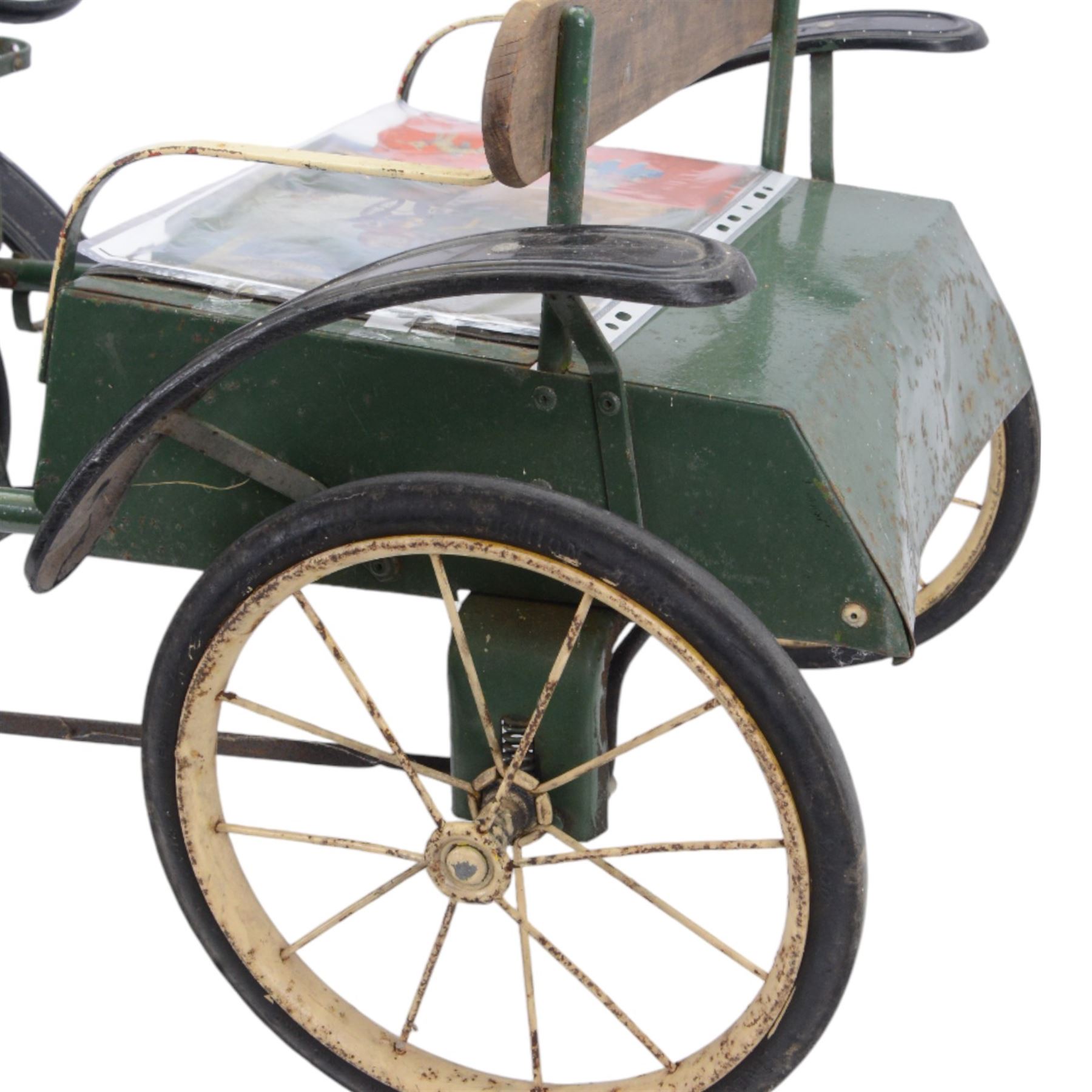 Triang child's pedal car in the style of a vintage automotive, likely a De Dion Bouton or an early Renault, painted in dark green with pale yellow details, H52cm