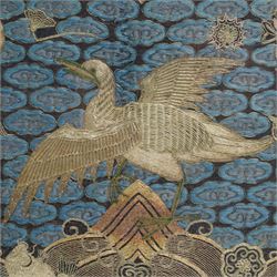 Early 20th century Chinese silk work tapestry, depicting a crane flying over a river, H30cm 