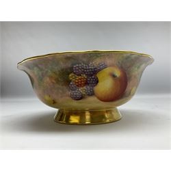 Mid 20th century Royal Worcester bowl decorated by Alan Telford, of circular form with shaped rim, upon a short gilt foot, the interior and exterior hand painted with a still life of fruit upon a mossy ground, signed Telford, with black printed mark beneath, H8cm D20cm
